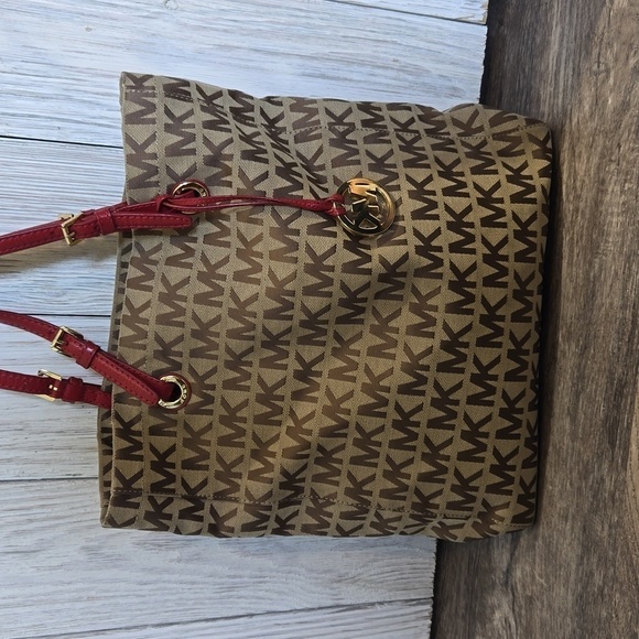 Michael Kors Red Handle Canvas Tote Bag Jet Set Messenger - Picture 7 of 9